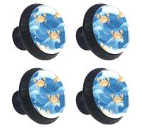 4 Pieces Drawer Knobs Cute Yellow Crabs on Blue Sea Waves 35mm Black Base Dresser Knobs Closet Door Cabinet Hardware Handles Pulls for Kitchen Bedroom Cupboard