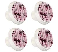 4 Pieces Drawer Knobs Elegant Bow Knots Cherry Berry and Stars on Striped Pink Background 35mm White Base Dresser Knobs Closet Door Cabinet Hardware Handles Pulls for Kitchen Bedroom Cupboard