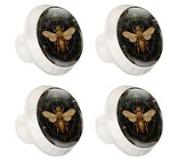 4 Pieces Drawer Knobs Elegant Golden Bee Pattern 35mm White Base Dresser Knobs Closet Door Cabinet Hardware Handles Pulls for Kitchen Bedroom Cupboard