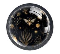 4 Pieces Drawer Knobs Golden Bee Honey Moon Plants Star Constellation Flower 35mm Black Base Dresser Knobs Closet Door Cabinet Hardware Handles Pulls for Kitchen Bedroom Cupboard