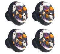 4 Pieces Drawer Knobs Happy Halloween Pumpkins Skulls Spider's Web Ghosts Witch Hat 35mm Black Base Dresser Knobs Closet Door Cabinet Hardware Handles Pulls for Kitchen Bedroom Cupboard