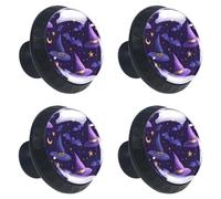 4 Pieces Drawer Knobs Magic Halloween Hat Witch Bats Stars Night Pattern 35mm Black Base Dresser Knobs Closet Door Cabinet Hardware Handles Pulls for Kitchen Bedroom Cupboard