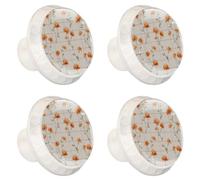 4 Pieces Drawer Knobs Orange Flowers with Petals and Sage Green Stems 35mm White Base Dresser Knobs Closet Door Cabinet Hardware Handles Pulls for Kitchen Bedroom Cupboard