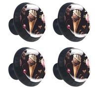 4 Pieces Drawer Knobs Seamless Chocolate Dessert Ice Cream Pattern 35mm Black Base Dresser Knobs Closet Door Cabinet Hardware Handles Pulls for Kitchen Bedroom Cupboard