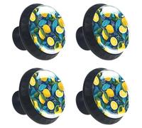 4 Pieces Drawer Knobs Seamless Tropical Citrus Lemon Fruits Pattern 35mm Black Base Dresser Knobs Closet Door Cabinet Hardware Handles Pulls for Kitchen Bedroom Cupboard