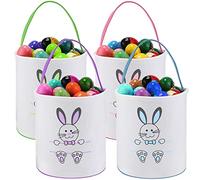 4 Pieces Easter Bunny Basket Egg Bags for Kids Cloth Tote Bags Canvas Cotton Empty Personalized Candy Egg Basket Bunny Print Buckets Carrying Presents and Eggs Hunt Bag Toys Bucket Boys Girls