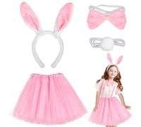4 Pieces Easter Bunny Costume, Peter Rabbit Costume, Pink Rabbit Dress Up Outfit with Bunny Ears Headband Tutu Skirt Tail for Girls Easter Carnival Christmas Halloween Party Supplies (A)