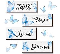 4 Pieces Faith Hope Love Dream Wall Decor Elegant Spring Butterfly Wooden Hanging Decoration Art Butterfly Room Wall Rustic Living Room Accessories for Girls Bedroom Decor (Blue, 10 x 4 x 0.2 Inch)