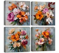 4 Pieces Floral Canvas Wall Art for Bedroom Abstract Wildflower Wall Decor Orange Poppy Daisy Pictures Watercolor Colorful Bouquet Paintings Blossom Botanical Poster Artwork Home Decorations 12x12”