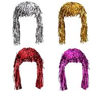 4 Pieces Foil Tinsel Wigs Fancy Dress Shiny Party Wig Metallic Halloween Costume Cosplay Supplies - Gold Silver Red Purple