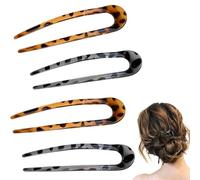 4 Pieces French Hair Pins,Hair Fork French Pins For French Twist U Shaped Hair Pin Fork Sticks,2 Prong Updo Cellulose Acetate Tortoise Shell Hairpin for Women Girls Hairstyles Accessories