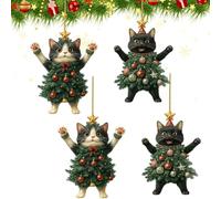 4 Pieces Funny Cat Christmas Ornaments - Cute 2D Black & White Kittens Dressed as Christmas Trees,Cat Ornaments Xmas Tree Decor for Love Pets Birthday Fairy Gift for Desk, Home Accessories Decorations