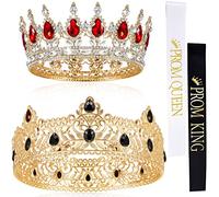 4 Pieces Gold King Crown Tiara Crowns for Men Women Prom Queen and King Satin Sash Rhinestone Crown for Wedding Graduation, 5.9 x 2.5 Inch, 5 x 2 Inch, Alloy Crystal