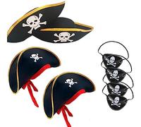 4 Pieces Halloween Pirate Hat - Tri Corner Pirate Party Hat Skull Print Pirate Captain Costume - Party, Birthday, Halloween Accessories with Eye Patch (Style 1)