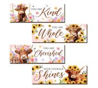 4 Pieces Highland Cow Bathroom Wall Art, Wooden Inspirational Quotes Decor, Farmhouse Positive Signs, Brave Kind Enough Wall Decor for Bathroom, Bedroom, Living Room, Rustic Cow Painting, 4x12 inches