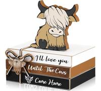 4 Pieces Highland Cow Tiered Tray Decor,Cow Wooden Book Rustic,Hyland Cow Table Sign Wooden Book Stack Faux Books for Coffee Table Living Room Decoration
