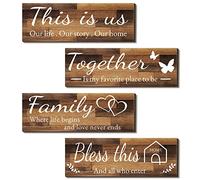 4 Pieces Home Wall Signs, THIS IS US/TOGETHER/BLESS THIS HOME/FAMILY Wall Decor For Living Room Bedroom, Rustic Wooden Farmhouse Wall Art , 4.7 x 13.8 Inch(Brown)