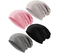 4 Pieces Knit Slouchy Beanie Hat for Women Men Oversized Soft Warm Winter Beanie Hat Chunky Stretch Cable Knit Beanie Skully