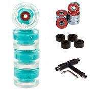4 pieces (LED) FunTomia® Long board / Skate board / Mini-board wheels (Big Wheels) in 65 x 45mm 80A includingMach1® ball bearing and magnet spacer 80A roller hardness, 4x petrol LED Rollen + 1x T-Tool