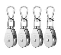 4 Pieces M20 Single Pulley Block 304 Stainless Steel Pulley Wheel Roller with 4 Pieces M5 Carabiner Hook for Ropes, 360° Swivel, Safe Loading up to 75kg/165lbs