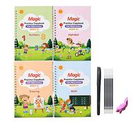 4 Pieces Magic Practice Copybook, Reusable Grooved Practice CopyBook, English Math Alphabet Drawing Tracing Handwriting Book Set for Kids, with 1 Pen 5 Refills & 1 Grips/1 Pen 10 Refills & 1 Grips (C)
