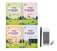 4 Pieces Magic Practice Copybook, Reusable Grooved Practice CopyBook, English Math Alphabet Drawing Tracing Handwriting Book Set for Kids, with 1 Pen 5 Refills & 1 Grips/1 Pen 10 Refills & 1 Grips (D)