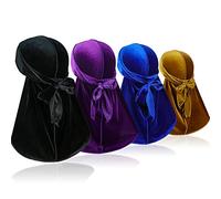4 Pieces Men Velvet Durag with Long Tail Silky Durag Headwraps for 360 Waves, Purple+gold+black+blue, 1 Count (Pack of 4)
