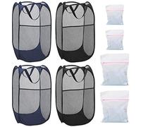 4 Pieces Mesh Folding Laundry Baskets, 75 L Large Pop-Up Laundry Hamper Bins Foldable with Handles and 4 Wash Pockets, Portable Washing Basket Foldable Cleaning Basket for Bedroom Bathroom