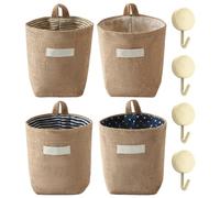 4 Pieces Mini Burlap Bags, 4 Pieces Hooks, Storage Wall Hanging Bag, Door Storage Bag, Bedside Storage Pocket, Foldable Storage Basket