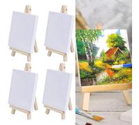 4 Pieces Mini Easel Set with Canvas, Triangle Wooden Easels for Decorative Purposes, Compact Wooden Easels, DIY Mini Easel Painting Supplies for Beginners and Hobby Painters