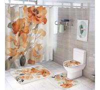 4 Pieces Modern Flowers Shower Curtain Set Vintage Natural Orange Floral Patterns Bathroom Decor Sets with Rugs Bathroom Accessories Set Bathroom Curtain Shower Set with 12 Hooks
