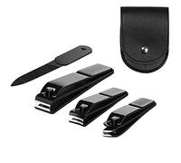 4 pieces Nail Clippers Set, Ultra Sharp Sturdy black stainless Fingernail, Toenail Clipper Cutters and a nial file with leather travel pouch (Black& black pouch)