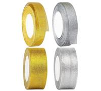 4 Pieces of Golden Ribbons, Gift Wrapping, Ribbon Decoration, Handicrafts, Organza Ribbons, 2 Sizes, Suitable for Birthdays and Florists (Gold, Silver)