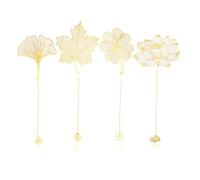 4 Pieces of Metal Leaf Vein Bookmarks, with Chain Pendants, Multi-Style Plant Shapes, Exquisite Reading Marks, Retro Antique Copper Color.