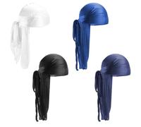 4 Pieces of Silk Hats, Long Tail Turban, Silk Wave hat, Adjustable Nightcap, durag hat, Pirate Turban, Elastic Silk Headband, Men's durag (4 Colors)