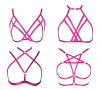 4 Pieces of Women's Harness Bra Elastic Crop Top Cage Without Hollow Adjustable Punk Gothic Halloween Fashion Costume (Rose Red)