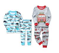 4 Pieces Pajamas Sets Little Boys Sleepwears 100% Cotton Clothes Toddler Kid PJs(Blue Dinosaur/Red Truck,3 Years)