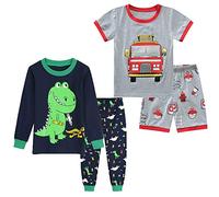 4 Pieces Pajamas Sets Little Boys Sleepwears 100% Cotton Clothes Toddler Kid PJs(Green Dinosaur/Red Truck S,3 Years)