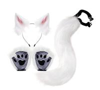 4 Pieces Plush Ears and Tail Set Anime Cosplay Gloves for Dance Women Carnival white and pink, white pink