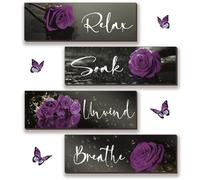 4 Pieces Purple Bathroom Wall Decor Purple Rose Wall Decor Wooden Bathroom Accessories with Relax Soak Unwind Breathe Wall Art For Girl Women Bedroom Living Room Home Decoration (Purple 12 X 4 Inch)
