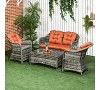 Outsunny 4 Pieces Rattan Sofa Set Outdoor Conservatory Furniture w/ Cushions, Orange