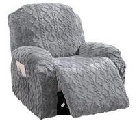 4 Pieces Recliner Chair Covers, Geometric Jacquard Plush Recliner Slipcovers, Couch Sofa Covers, Soft Fuzzy Fluffy Anti-Slip Furniture Protector for Kids Cats Dogs Elastic Bottom (Grey,1 Seat)