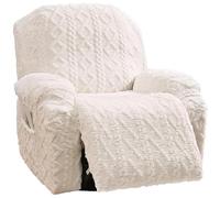 4 Pieces Recliner Chair Covers, Geometric Jacquard Plush Recliner Slipcovers, Couch Sofa Covers, Soft Fuzzy Fluffy Anti-Slip Furniture Protector for Kids Cats Dogs Elastic Bottom (Cream,1 Seat)