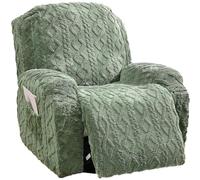 4 Pieces Recliner Chair Covers, Geometric Jacquard Plush Recliner Slipcovers, Couch Sofa Covers, Soft Fuzzy Fluffy Anti-Slip Furniture Protector for Kids Cats Dogs Elastic Bottom (Green,1 Seat)