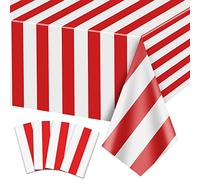 4 Pieces Red and White Stripe Tablecloths, Carnival Theme Party Decorations, 137 x 274cm Plastic Table Cover, for Circus Party, Movie Night, Kid's Birthday, Christmas