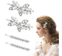 4 Pieces Rhinestone Bridal Hair Clips - Shining Wedding Leaf Crystal Barrette for Women Girls (2 Styles) - Silver