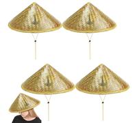 4 Pieces Rice Hat - Coolie Hat Vietnamese - Handmade Weave Straw - Chinese Farmer Costume Accessorie | for Fishing, Gardening, Camping, Hiking, Outdoors Yellow