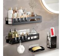 4 Pieces Shower Shelf Without Drilling Rustproof Shower Caddy with 8 Hooks Toothbrush Holder Soap Holder, Bathroom Shelves Organizer, Shower Shelf Organizer for Bathroom (Black)