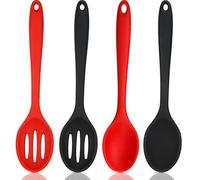 4 Pieces Silicone Nonstick Mixing and Slotted Spoons Set, Large Silicone Serving Slotted Spoon Nonstick Heat Resistant Spoons for Kitchen Baking Stirring Draining Tools (Red, Black)