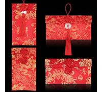 4 Pieces Silk Red Envelope Chinese Red Pocket Lucky Money Hong Bao Card Envelope for Spring Festival Wedding New Year Birthday, 4 Styles with Chinese Knot Jade Pendant Copper Coin (4)